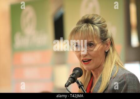 Belfast, Northern Ireland, UK. 13th Apr, 2019. Sinn Féin Martina Anderson speaks after being reselected as candidate for the European Elections  west Belfast, Saturday April 13th, 2019. Martina Anderson (born 16 April 1962) is an Irish politician from Northern Ireland who is a Member of the European Parliament (MEP) representing Northern Ireland for Sinn Féin.  Credit: Paul McErlane/Alamy Live News Stock Photo