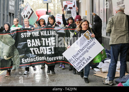 London, UK. 13th April, 2019. The 5th Global March for Elephants and Rhinos march from Cavendish Square to Downing Street for a day of action against trophy hunting and endangered wildlife. Penelope Barritt/Alamy Live News