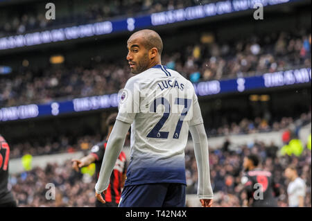 London, UK. 13th April 2019. Lucas of Tottenham Hotspur during the Premier League match between Tottenham Hotspur and Huddersfield Town at Tottenham Hotspur Stadium, London, England on 13 April 2019. Photo by Adamo Di Loreto.  Editorial use only, license required for commercial use. No use in betting, games or a single club/league/player publications. Credit: UK Sports Pics Ltd/Alamy Live News Stock Photo