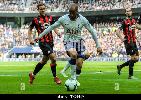 London, UK. 13th April 2019. Lucas of Tottenham Hotspur during the Premier League match between Tottenham Hotspur and Huddersfield Town at Tottenham Hotspur Stadium, London, England on 13 April 2019. Photo by Adamo Di Loreto.  Editorial use only, license required for commercial use. No use in betting, games or a single club/league/player publications. Credit: UK Sports Pics Ltd/Alamy Live News