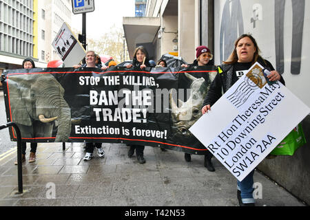 London, UK. 13th April 2019. Hundreds join the 5th Global March for Elephants and Rhinos march against extinction and trophy hunting murdering and killing animals for blood spots and ivory trade on 13 April 2019, London, UK. Credit: Picture Capital/Alamy Live News Stock Photo