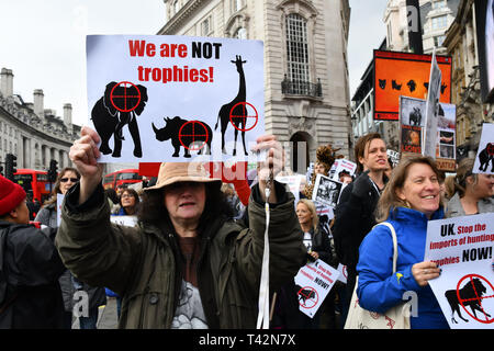 London, UK. 13th April 2019. Hundreds join the 5th Global March for Elephants and Rhinos march against extinction and trophy hunting murdering and killing animals for blood spots and ivory trade on 13 April 2019, London, UK. Credit: Picture Capital/Alamy Live News