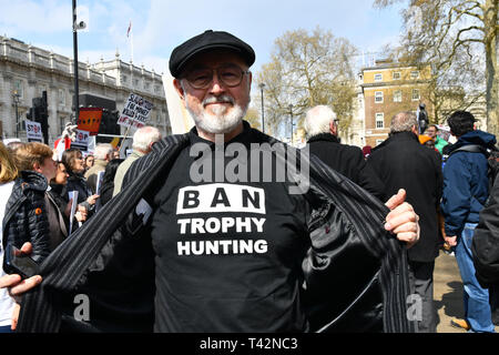 London, UK. 13th April 2019. Peter Egan is an actor rally at the 5th Global March for Elephants and Rhinos march against extinction and trophy hunting murdering and killing animals for blood spots and ivory trade outside downing street on 13 April 2019, London, UK. Credit: Picture Capital/Alamy Live News Stock Photo