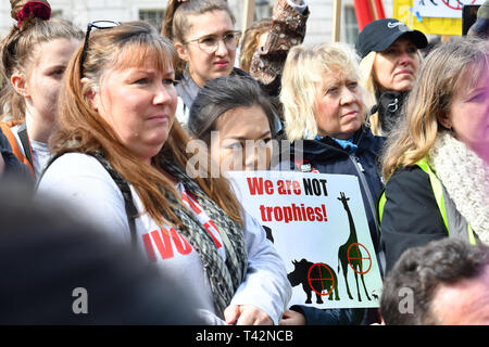 London, UK. 13th April 2019. Hundreds join the 5th Global March for Elephants and Rhinos march against extinction and trophy hunting murdering and killing animals for blood spots and ivory trade on 13 April 2019, London, UK. Credit: Picture Capital/Alamy Live News