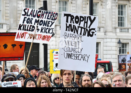 London, UK. 13th April 2019. Hundreds join the 5th Global March for Elephants and Rhinos march against extinction and trophy hunting murdering and killing animals for blood spots and ivory trade on 13 April 2019, London, UK. Credit: Picture Capital/Alamy Live News Stock Photo