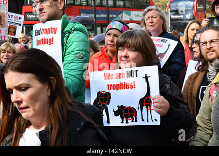 London, UK. 13th April 2019. Hundreds join the 5th Global March for Elephants and Rhinos march against extinction and trophy hunting murdering and killing animals for blood spots and ivory trade on 13 April 2019, London, UK. Credit: Picture Capital/Alamy Live News Stock Photo