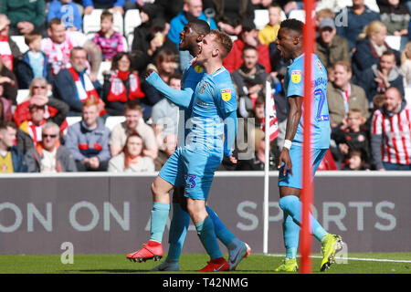 SUNDERLAND, ENGLAND.  13th April  Coventry City's Amadou Bakayoko celebrates scoring his side's second goal  during the Sky Bet League 1 match between Sunderland and Coventry City at the Stadium Of Light, Sunderland on Saturday 13th April 2019. (Credit: Steven Hadlow | MI News)  Editorial use only, license required for commercial use. No use in betting, games or a single club/league/player publications. Photograph may only be used for newspaper and/or magazine editorial purposes. May not be used for publications involving 1 player, 1 club or 1 competition without written authorisation from Foo Stock Photo