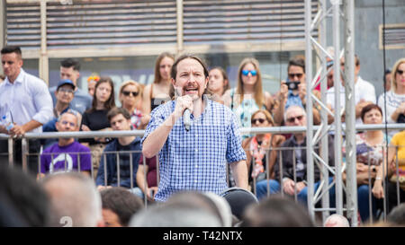 Las Palmas, Gran Canaria, Canary Islands, Spain. 13th April 2019.  Pablo Iglesias ,leader of Podemos party, campaigns in Las Palmas, the capital of Gran Canaria, ahead of the general election in Spain on 28th April 2019. Podemos was founded in January 2014 by political scientist Pablo Iglesias in the aftermath of the 15-M Movement protests against inequality and corruption. Stock Photo