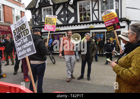 Wellington, Telford, Shropshire, UK, 13th April 2019. An anti racist counter protestors confronting The English Defence League march in Wellington, Shropshire. Picture by DAVID BAGNALL Stock Photo