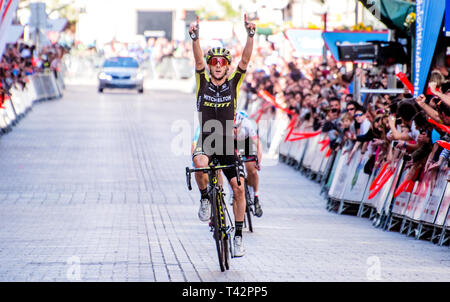 Eibar, Spain.13th April, 2019. British cyclist Adam Yates (Michelton Scott) wins the 6th stage of cycling race 'Tour of Basque Country' between Eibar and Eibar on April 13, 2019 in Eibar, Spain. © David Gato/Alamy Live News