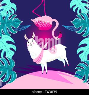Vector illustration with animal Alpaca and Flamingo among the tropics Stock Vector
