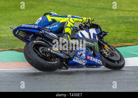 Valencia/Spain - 11/18/2018 - #46 Valentino Rossi (ITA, Yamaha) on his damaged M1 bike after crashing while chasing #04 Andrea Dovizioso for the lead  Stock Photo