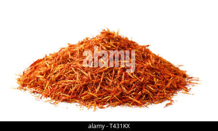 Heap of saffron threads isolated on white Stock Photo