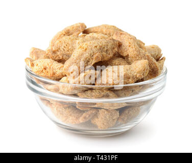 Bowl of dry soya chunks isolated on white Stock Photo