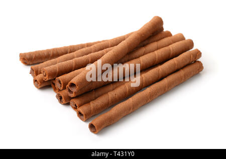 Сhocolate wafer rolls isolated on white Stock Photo