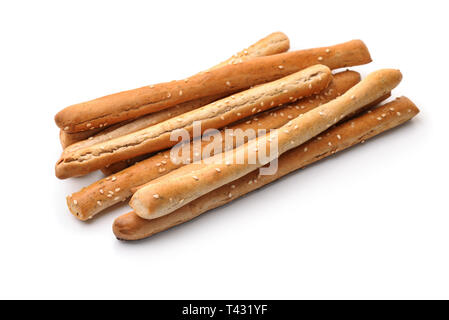Fresh baked Italian grissini breadsticks isolated on white Stock Photo