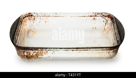 Old empty dirty glass baking tray isolated on white Stock Photo
