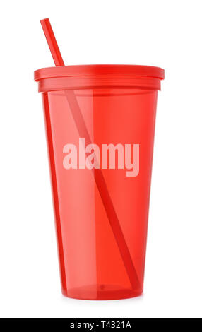Front view of red reusable plastic cup with  lid and straw isolated on white Stock Photo