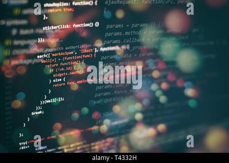 Running Computer data / WWW programming. Coding script text on screen. Notebook closeup photo. Stock Photo
