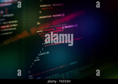 Running Computer data / WWW programming. Coding script text on screen. Notebook closeup photo. Stock Photo