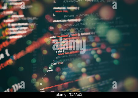 Running Computer data / WWW programming. Coding script text on screen. Notebook closeup photo. Stock Photo