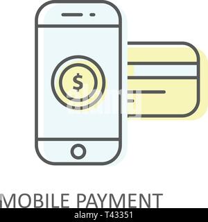 Mobile payment with inserted credit card - online purchase icon, smartphone and coin Stock Vector