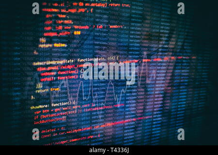Running Computer data / WWW programming. Coding script text on screen. Notebook closeup photo. Stock Photo