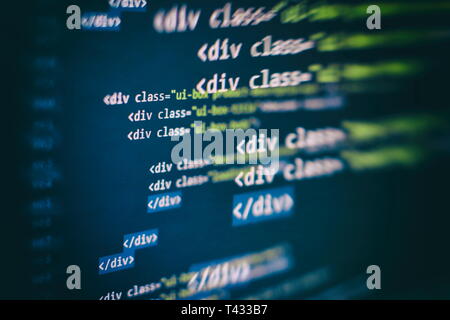 Website HTML Code on the Laptop Display Closeup Photo. Desktop PC monitor photo. Stock Photo