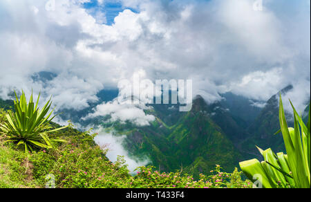 View of  caldera and mountains Cirque de Mafate from Cap Noir, Reunion Island Stock Photo