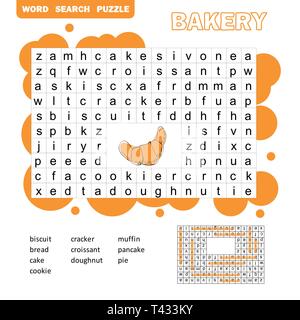 Search words game. Educational children activity with sweets and bakery products. Cartoon Illustration of Preschool Education Activity with answer Stock Vector