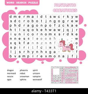 Fantastic creatures - Search words - Kids Printable Game. Vector Illustration. Preschool Kindergarten Worksheet with answer Stock Vector