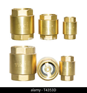 Check valve opper fitting of metal, isolate on white background, a set of six pieces of different size, quarter inches, with a turnkey thread, with a Stock Photo