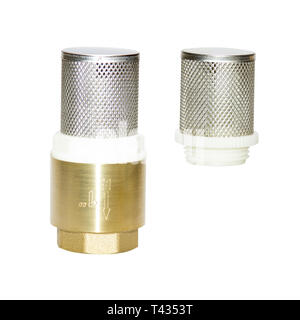 Check Strainer Valve Small metal mesh, protection water from debris impurities, Copper fitting of metal, isolate on white background, quarter inches Stock Photo