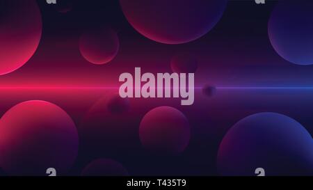 Bright neon ray is glowing in red with blue light reflected in spheres, Futuristic ultraviolet light, vector retro background for your design Stock Vector