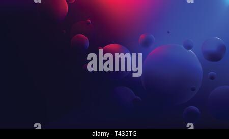 Bright red-blue glow reflecting on flying spheres, Colorful gradient round shapes, Retro futuristic neon cyberpunk background for your design Stock Vector