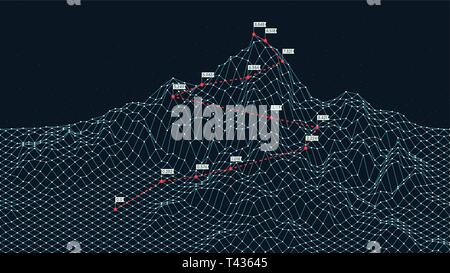 Cyberspace grid 3d technology wireframe landscape, Climbing route to the top mountain, Business is the way to success, creative concept for presentati Stock Vector