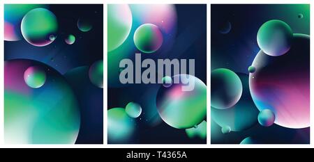 Fantasy scene with planets and stars in dark space, Colorful view of the universe, Set of design trendy covers with gradient shapes, Vector illustrati Stock Vector