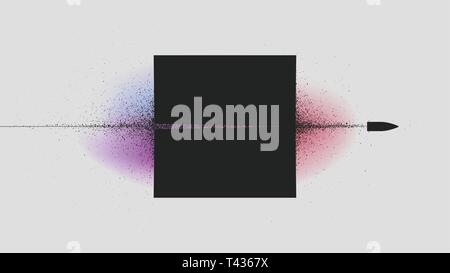 Flying bullet through the black square, Particle explosion from shot Vector illustration for design of booklets and posters Stock Vector