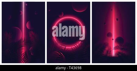 Glowing line red neon reflex on tropical leaves and spheres, Futuristic gradient glow on dark background, Vector retro poster for your design Stock Vector