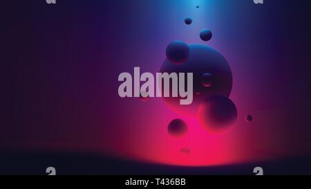 Soaring spheres on the background of ultraviolet light, Red-blue reflex on geometric shapes, Cyberpunk vector template background for your design Stock Vector