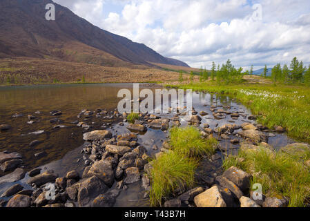 On the shore of a small mountain lake. Polar Ural, Russia Stock Photo