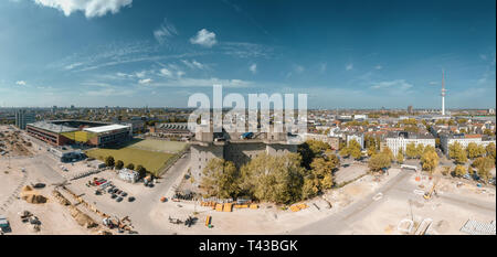 Aerial view of the Heiligengeistfeld in Hamburg near St. Pauli with stadium Stock Photo