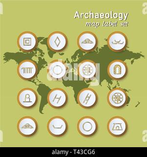 Set of colorful map archaeologycal label. Vector illustration on world map background Stock Vector