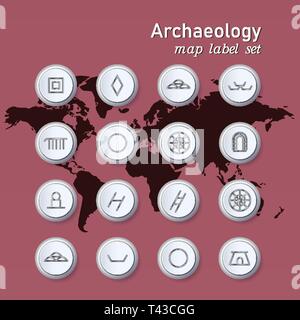 Set of colorful map archaeologycal button. Vector illustration Stock Vector
