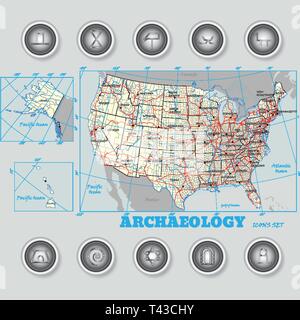 Set of colorful map archaeologycal marker. Vector illustration on USA map background Stock Vector
