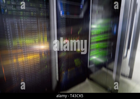 Web network, internet telecommunication technology, big data storage, cloud computing computer service business concept: server room interior in datac Stock Photo