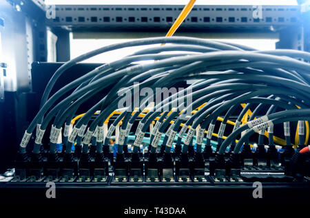 Rack Mounted Servers In A Server Room, Server rack audio cable. Severs computer in a rack at the large data center. Stock Photo