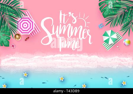 Top View Sea Side Beach Resort Background with It's Summer Time Message in Trendy Background Color with Palm Trees, Tropical Leaves, Umbrellas Stock Vector