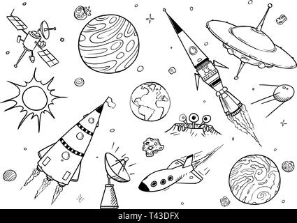 Set of cartoon vector drawings of space props like rockets, alien space ships or spaceships, UFO, planets and satellites. Stock Vector