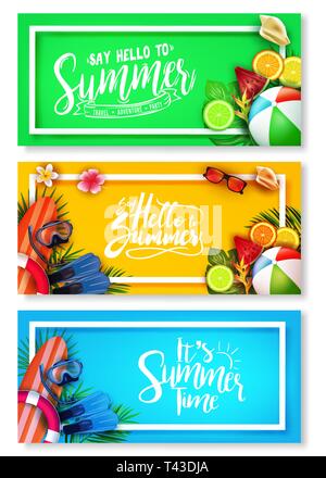 Summer Bright Color Background Banner Set with Tropical Elements Like Palm Leaves, Surfboard, Scuba Diving Equipment, Beach Ball, Slippers Stock Vector
